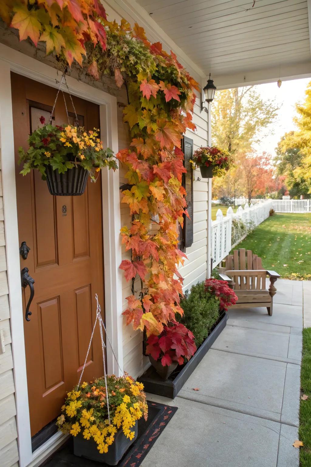 Vertical planters maximizing greenery on a fall porch.
