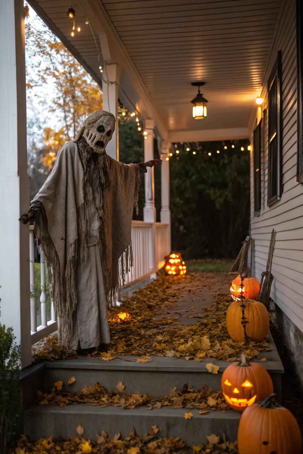 A spooky scarecrow adds an element of surprise to the Halloween decor.