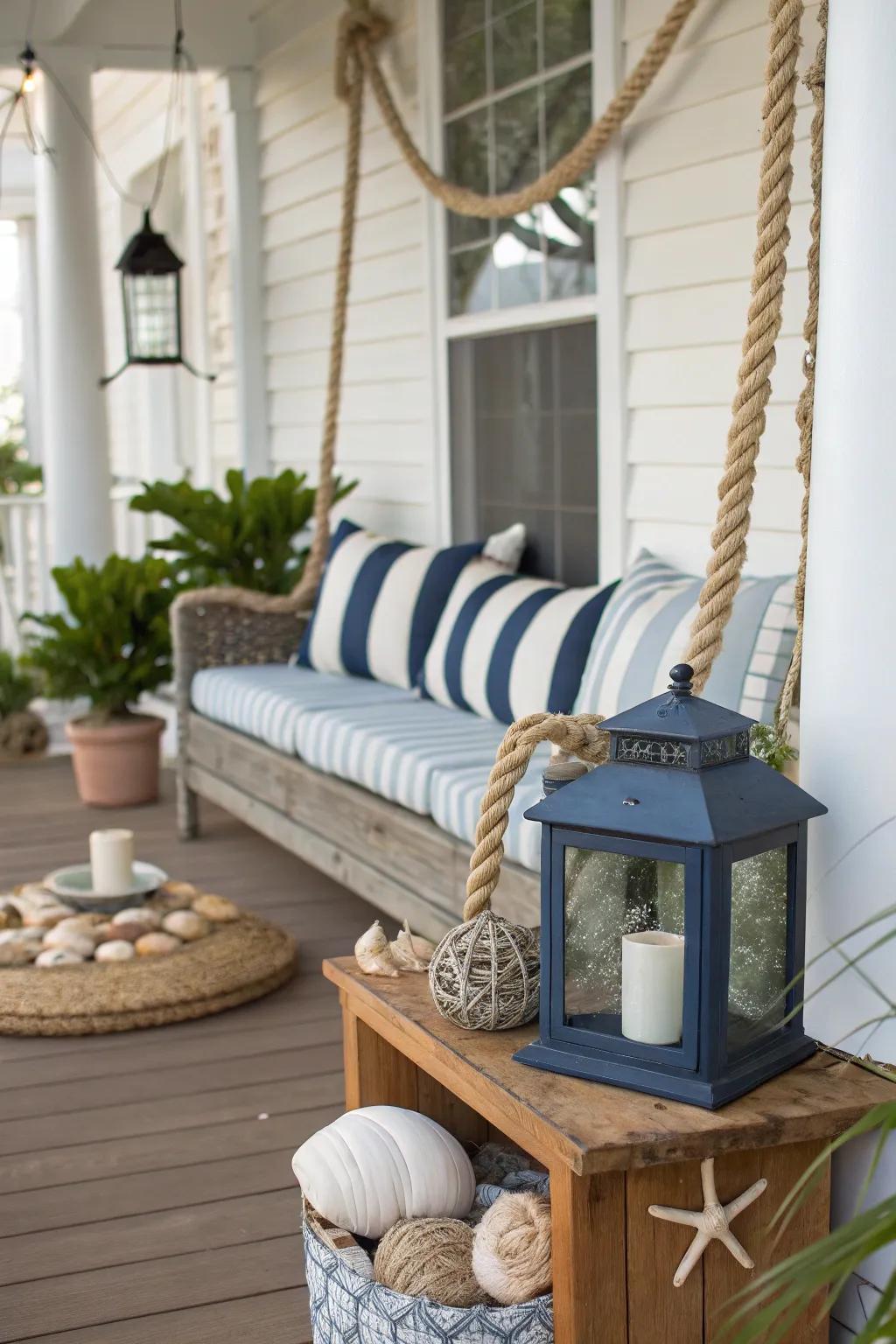 Nautical decor brings a refreshing and sea-inspired feel to your porch.