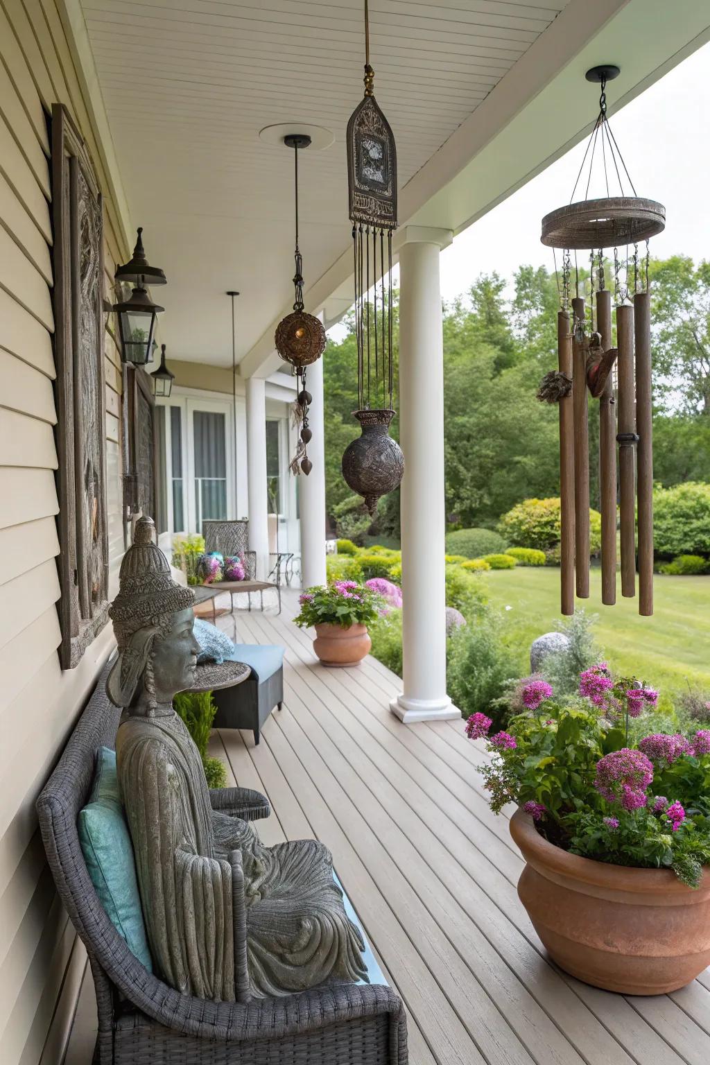 Unique art pieces adding charm and personality to a front porch.