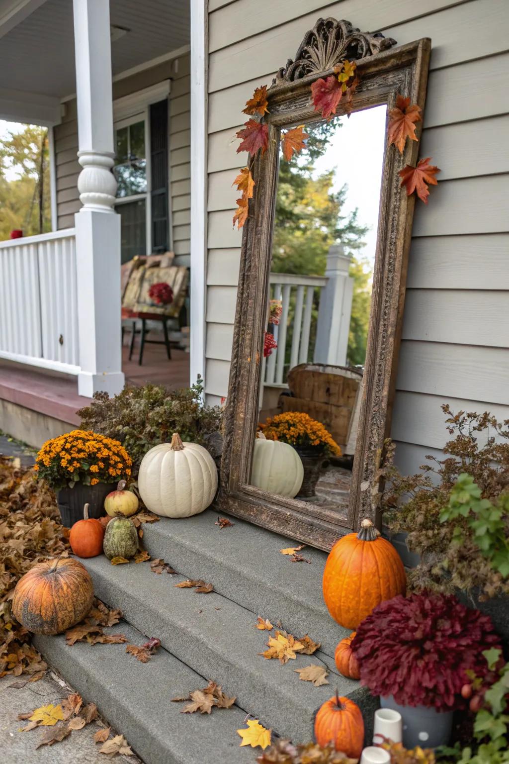 An unexpected mirror reflects the beauty of the fall porch decor.