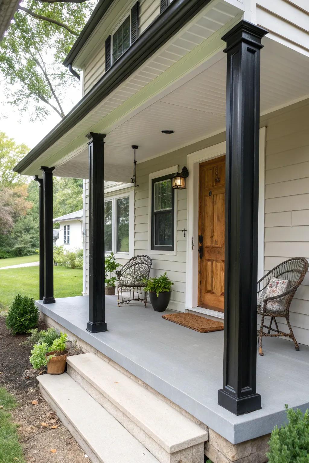 Bold black posts making a dramatic statement on the porch.