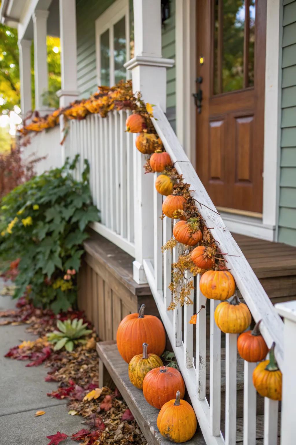 Mini pumpkin garlands add whimsy and charm to your porch.
