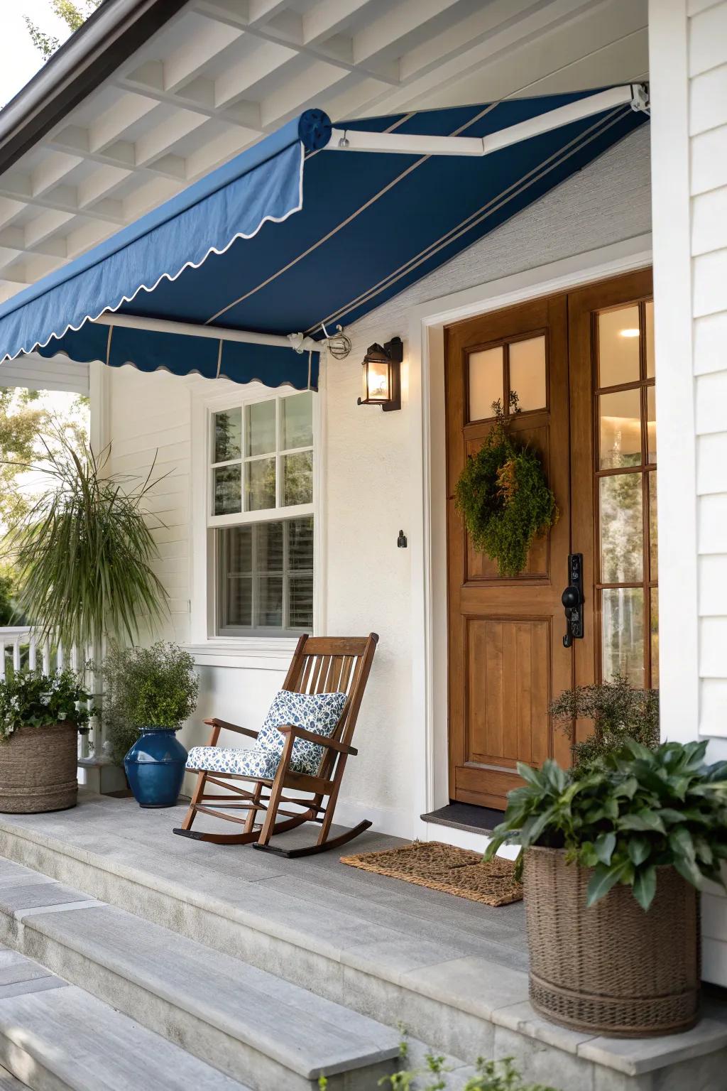 Stylish awning offering shade on the porch.