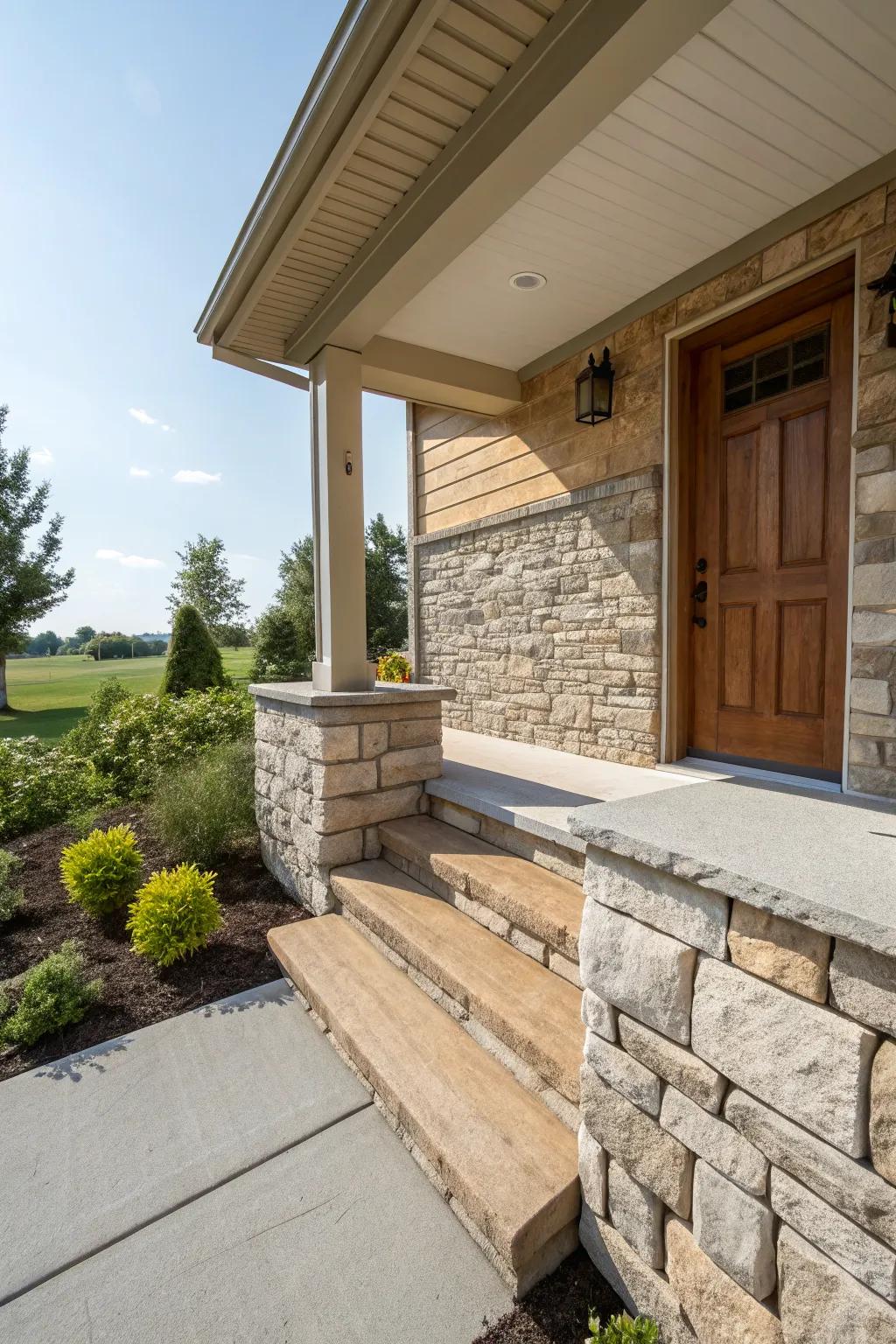 Stone veneer creates a textured and stylish retaining wall.