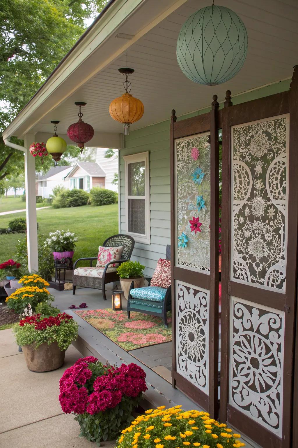 A porch showcasing artistic screen panels that add a creative touch.