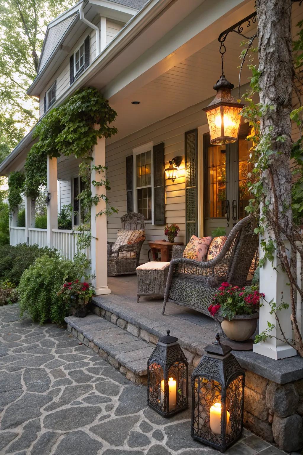Cozy front porch with inviting cobblestone siding.