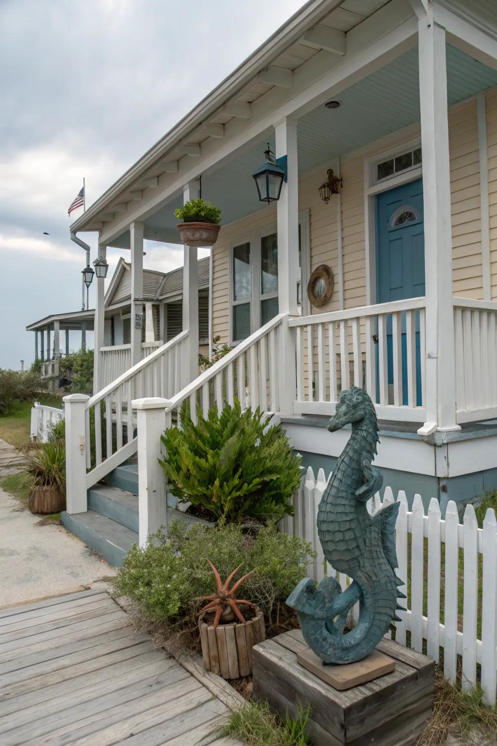 Nautical statues bring the breezy charm of the coast to your porch.