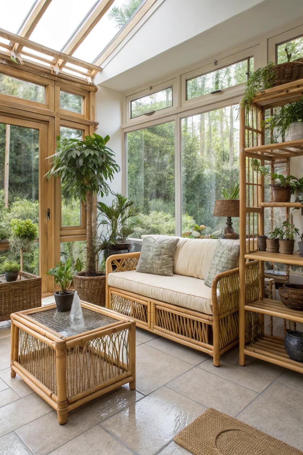 Eco-friendly bamboo furniture enhancing a sunroom's natural vibe.