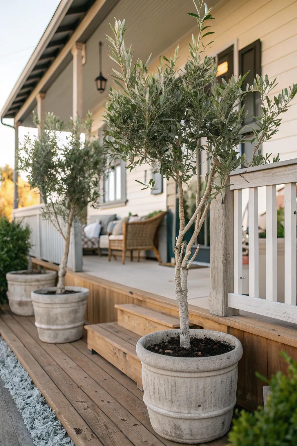 Potted edible trees add a practical and aesthetic touch to the porch.