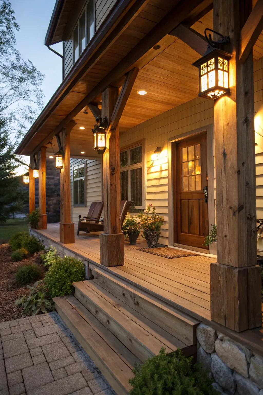 Creative wood lighting enhancing the porch ambiance.