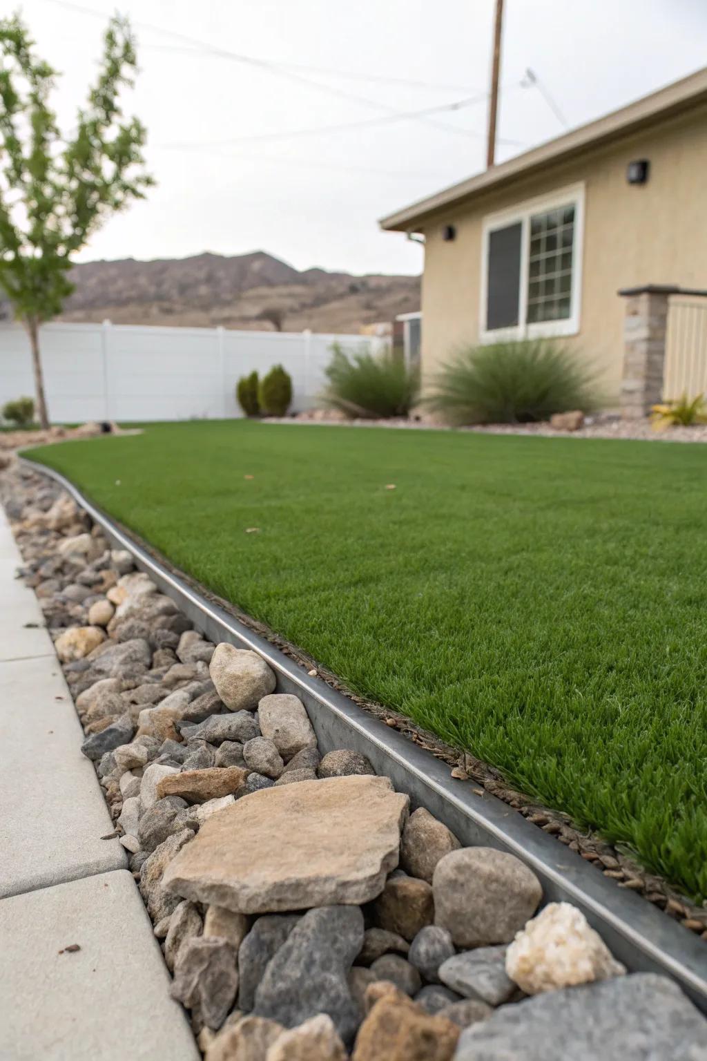 Sleek metal edging defining grass and rock areas.