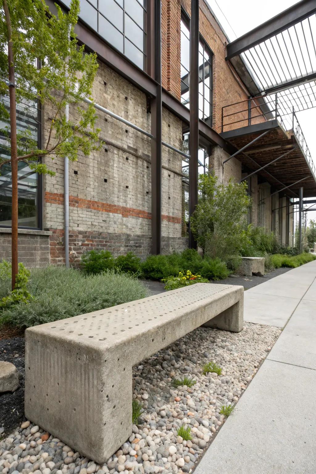 A textured concrete bench adds modern industrial style.