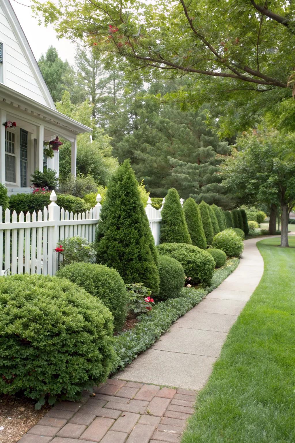 Maintain year-round greenery with evergreen bushes.