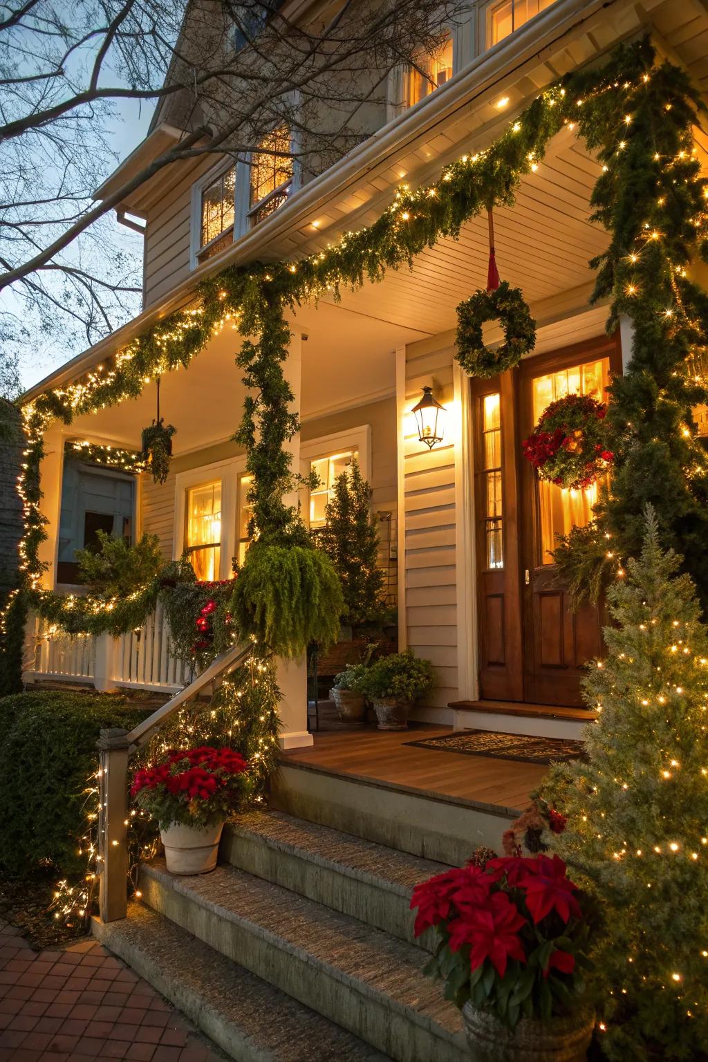 Greenery and lights create a natural festive porch display.