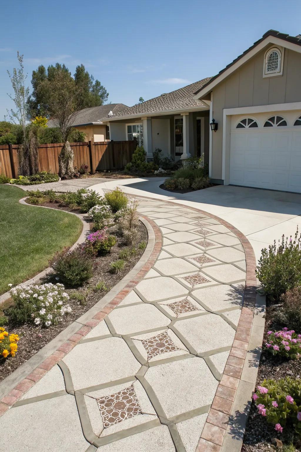 Patterned concrete driveways make a striking entrance.