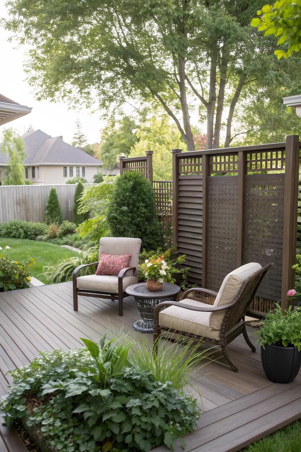 A cozy front yard deck with privacy screens for a secluded feel.