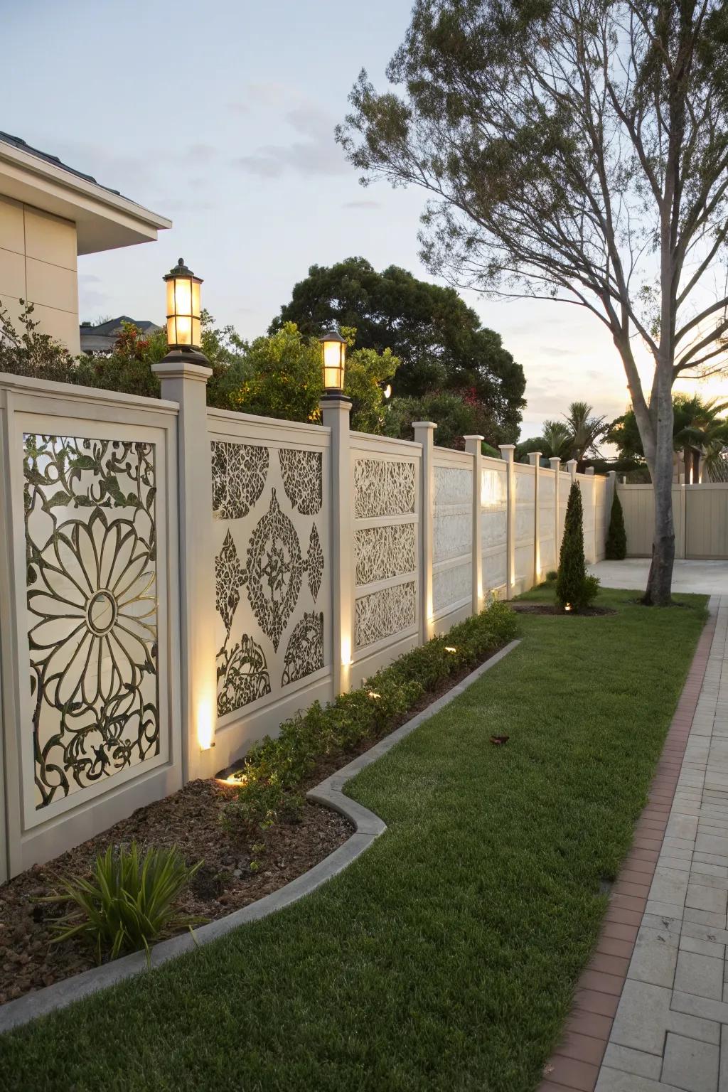 Decorative fencing panels add privacy and flair.