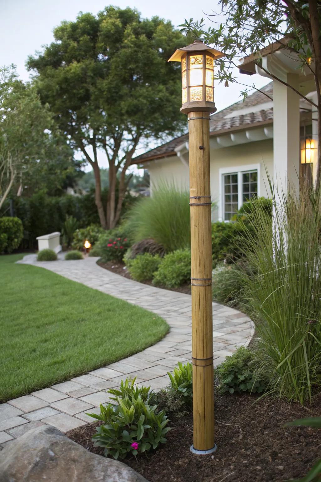 Eco-friendly bamboo light post offering a sustainable and stylish driveway solution.