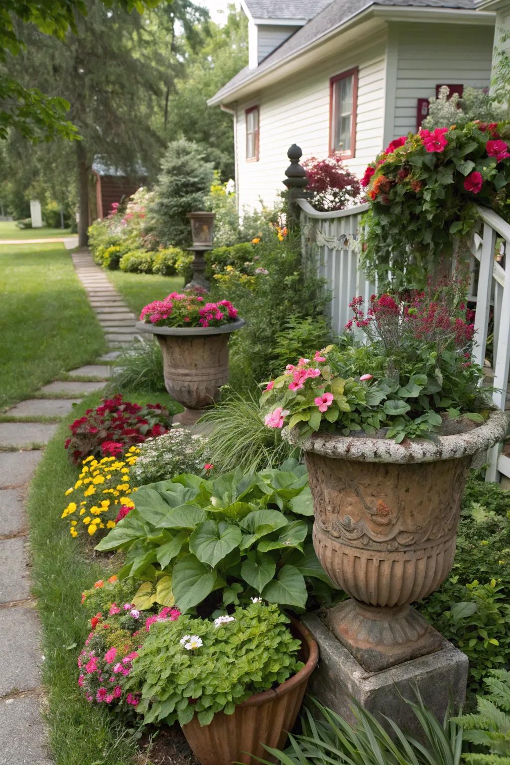 Container plants offer flexibility and seasonal beauty.