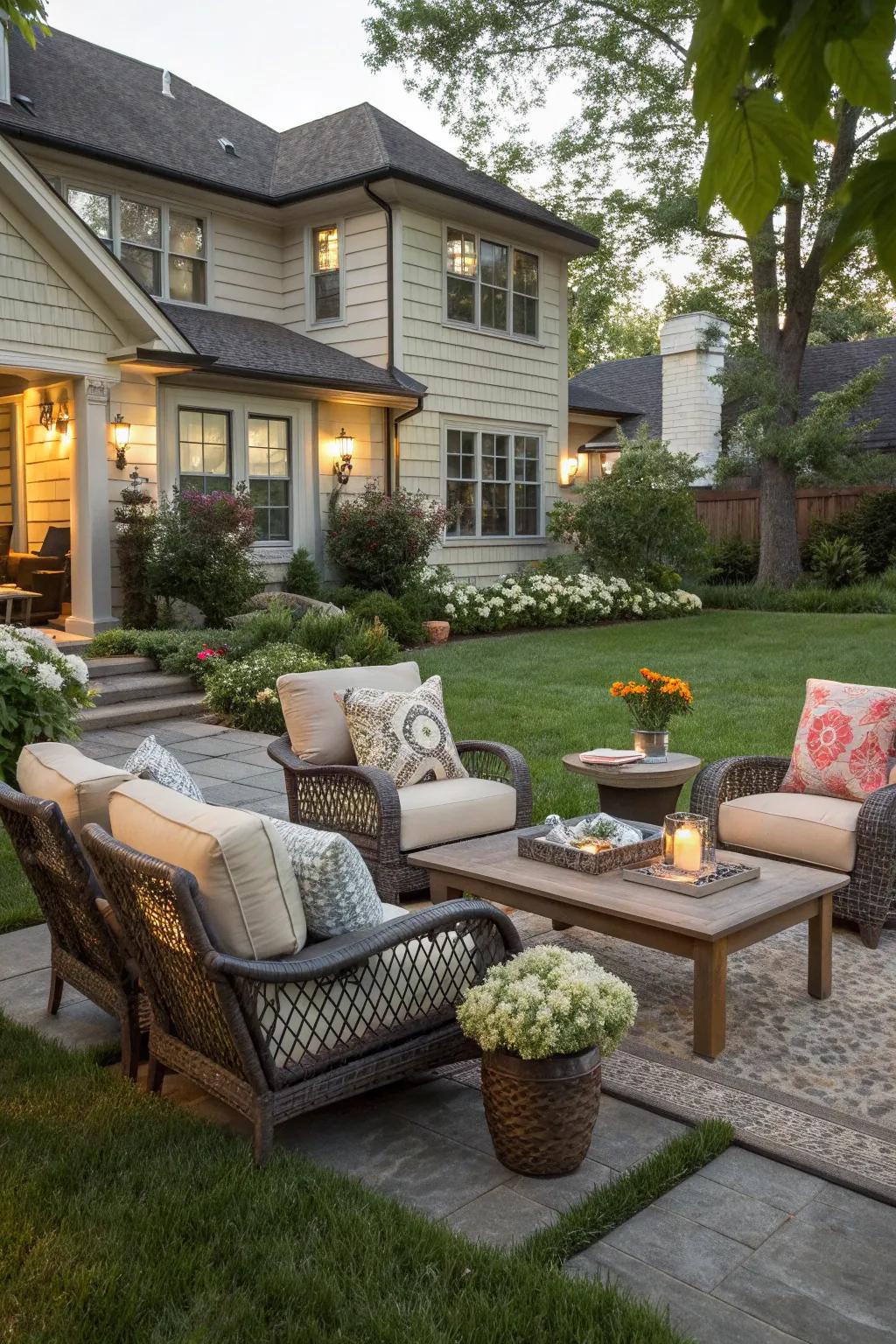 An outdoor living room offers comfort and style under the sky.