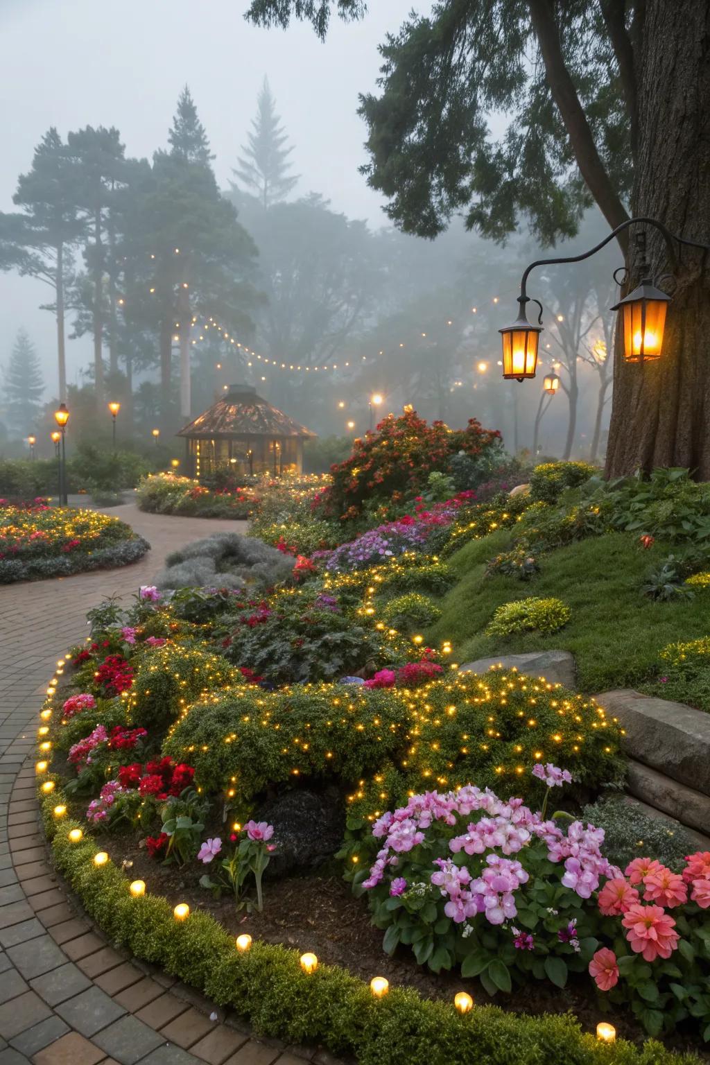 An island flower bed featuring whimsical fairy tale elements such as tiny lights.