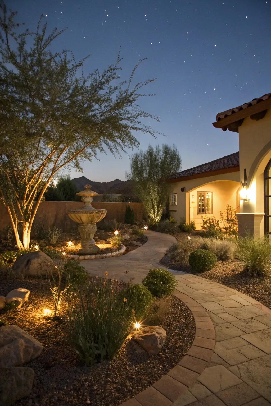 Outdoor lighting creates a magical ambiance after dark.
