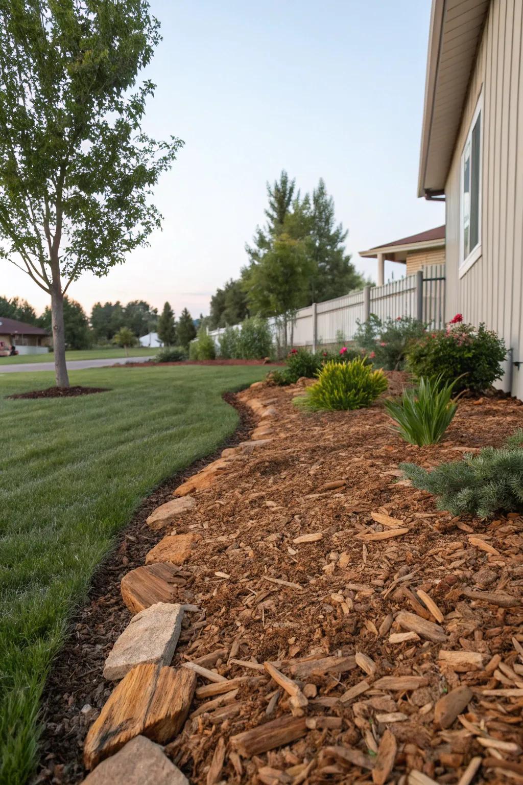 Wood chips used as mulch enrich the soil and enhance the yard's appearance.