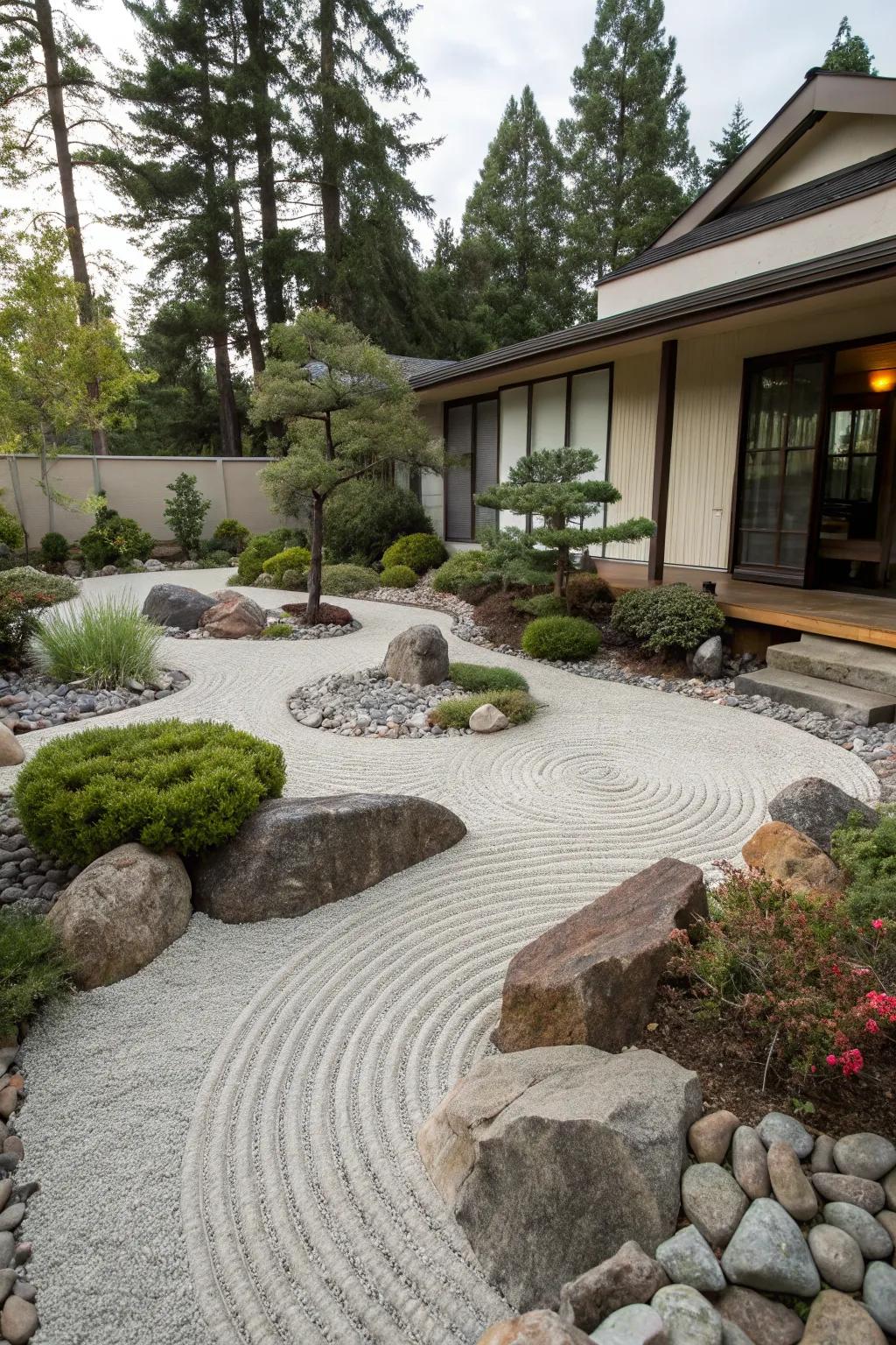 A tranquil Zen garden that offers a serene retreat in the front yard.