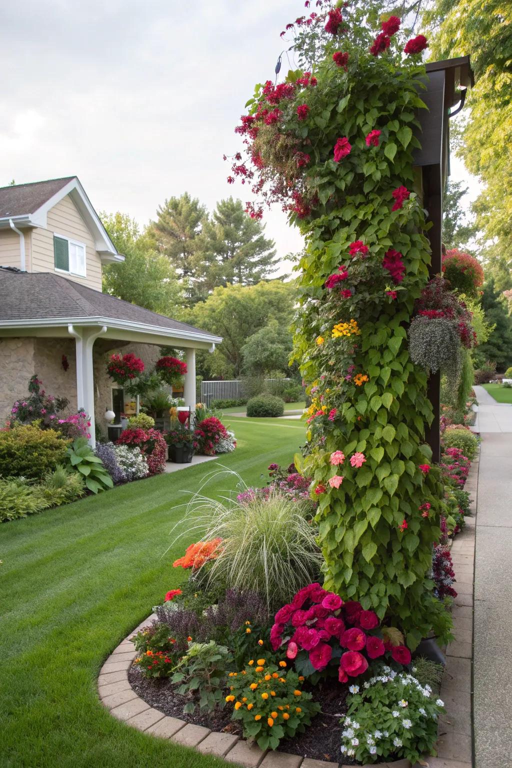A vertical garden bringing color and greenery to a small front yard.