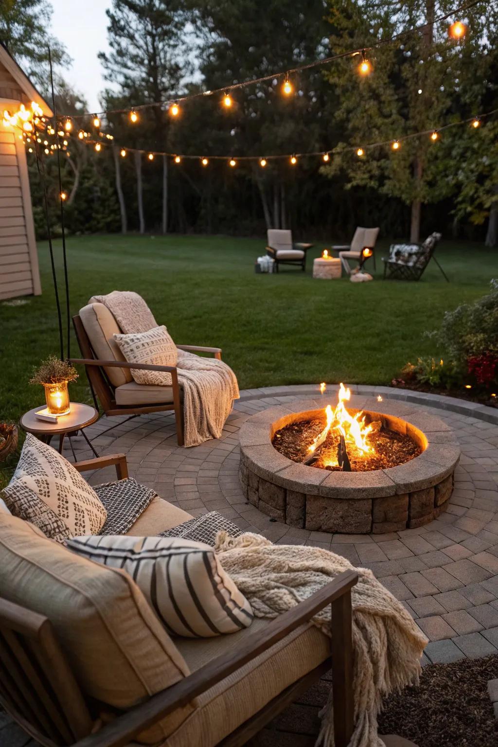 Combine warmth and ambiance with a lit fire pit.