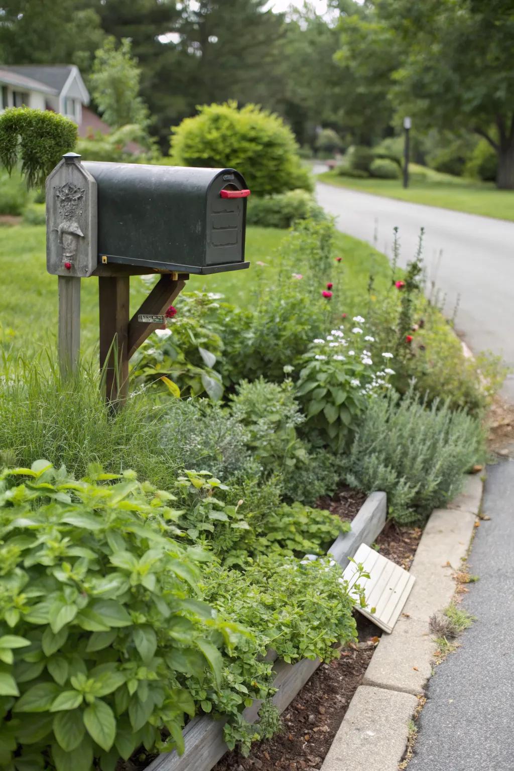 Edible plants add practicality and beauty to the mailbox landscape.