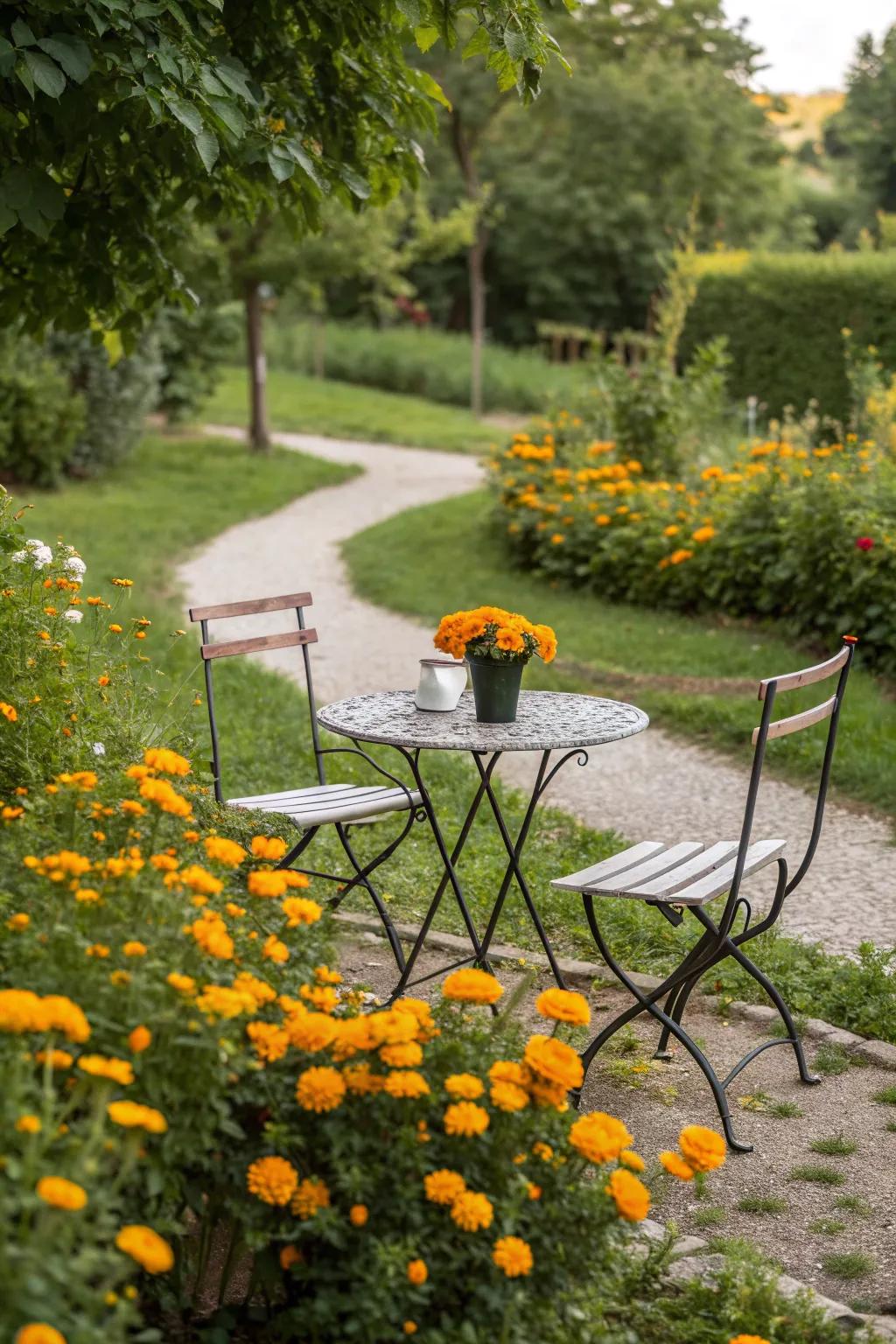 Marigolds provide a colorful and natural bug-repellent barrier.