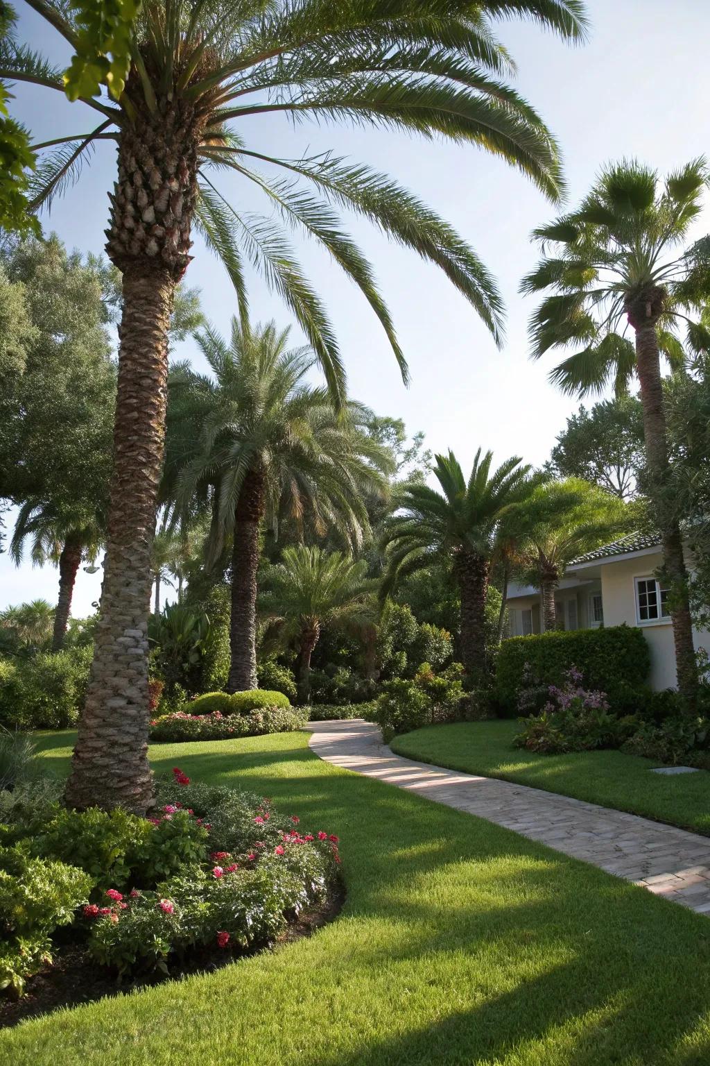 Strategically placed palms offer natural shade and cooling.
