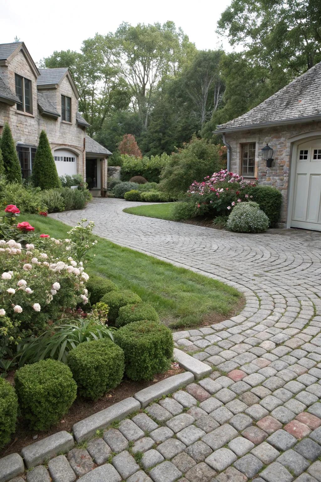 Cobblestone parking pad exuding rustic charm and timeless appeal.