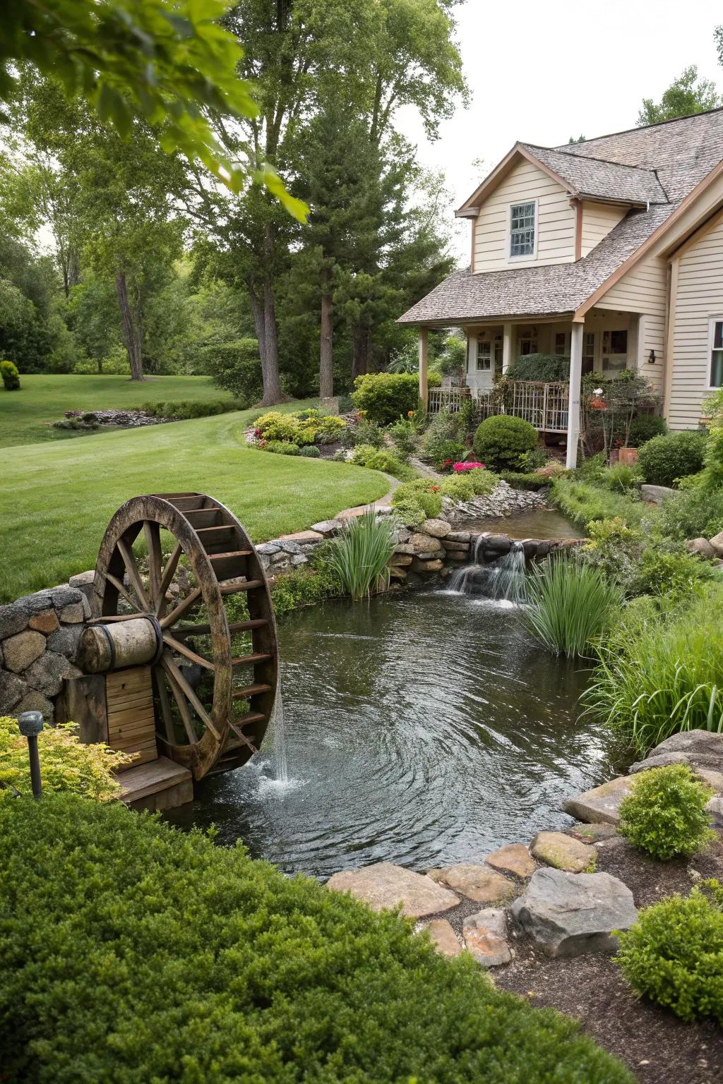 A water wheel adds rustic charm to a pond.