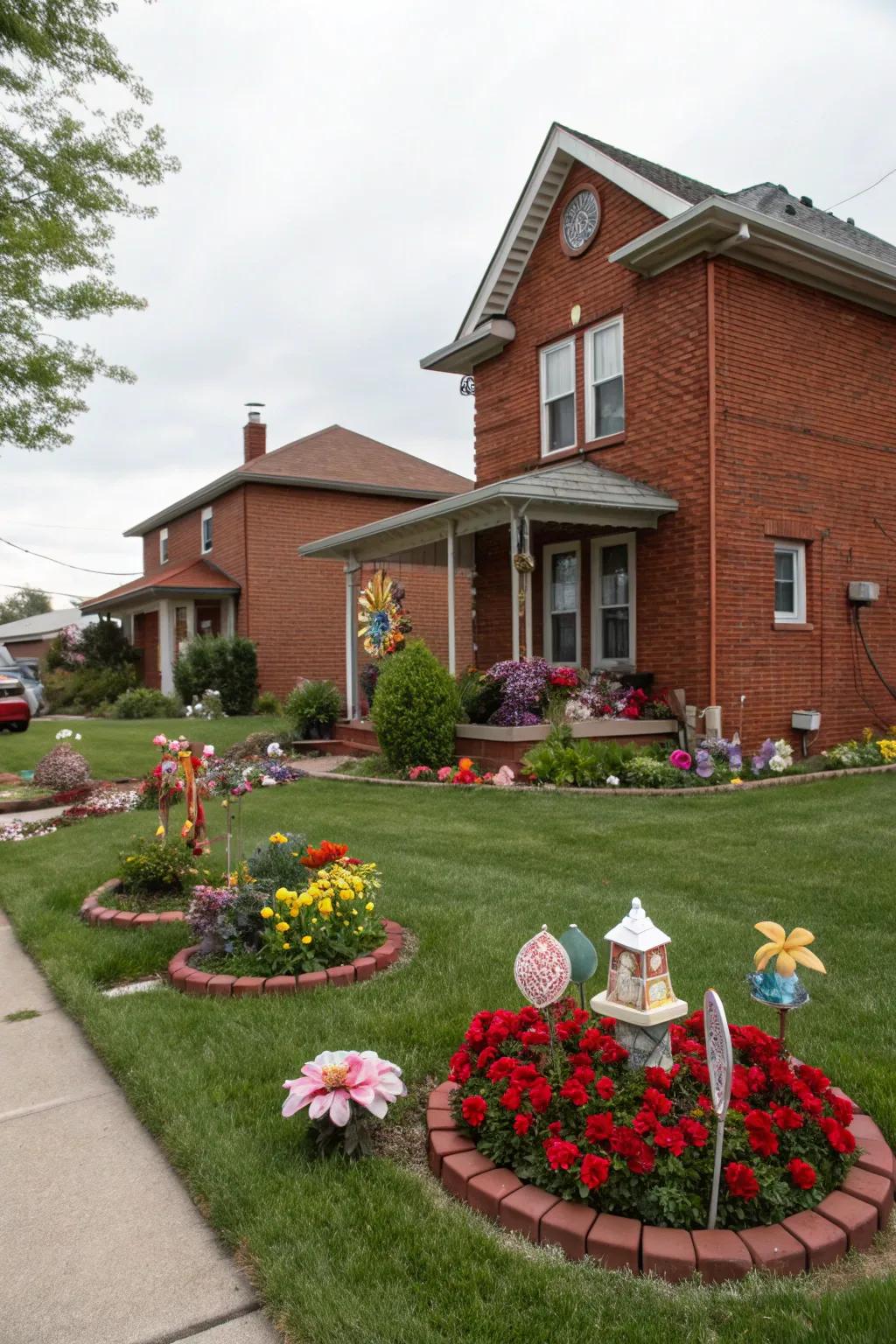 Garden art adds a unique and personal touch to this front yard.