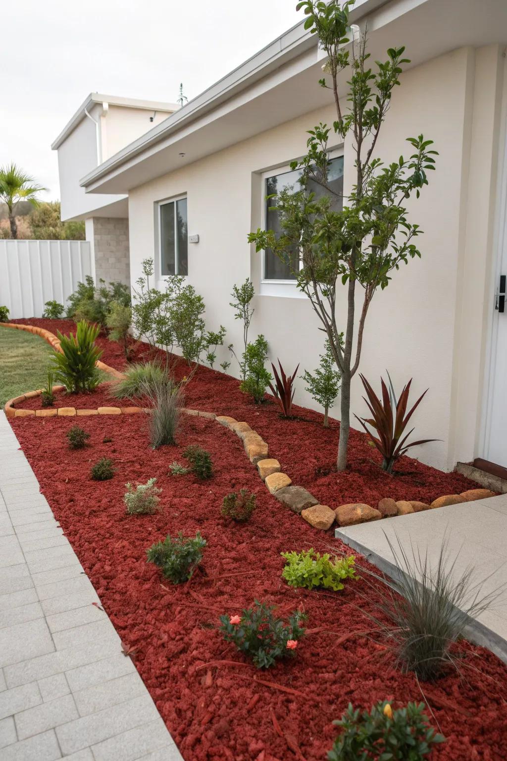 A minimalist garden featuring red mulch and selectively placed plants.