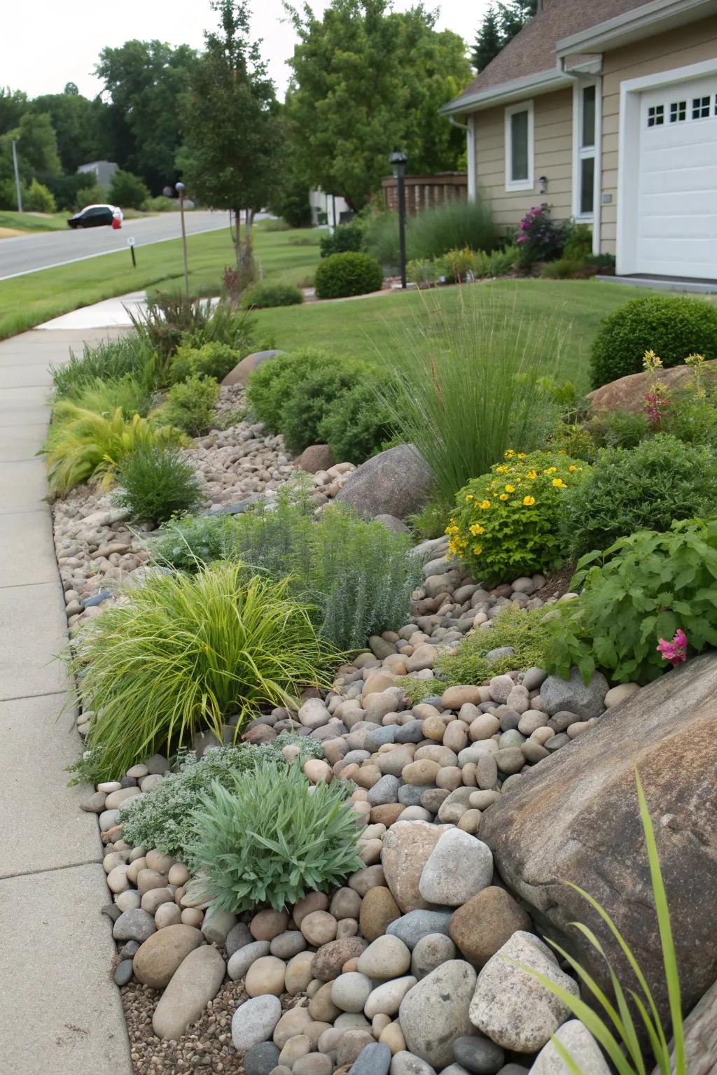 Native plants and river rocks make a sustainable landscape.