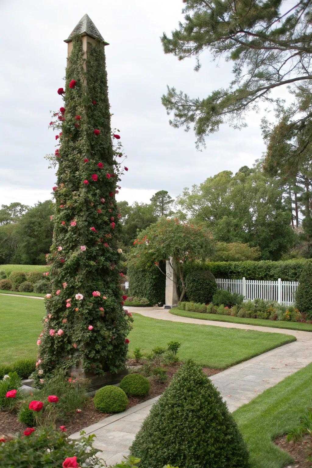 Create a dramatic focal point with a rose obelisk.