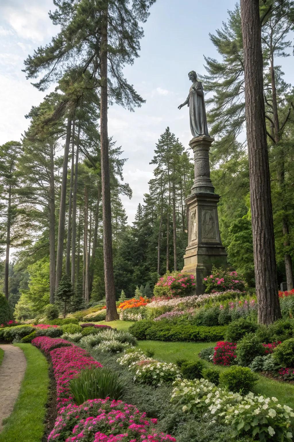 A tall sculpture enhancing the garden's vertical appeal.