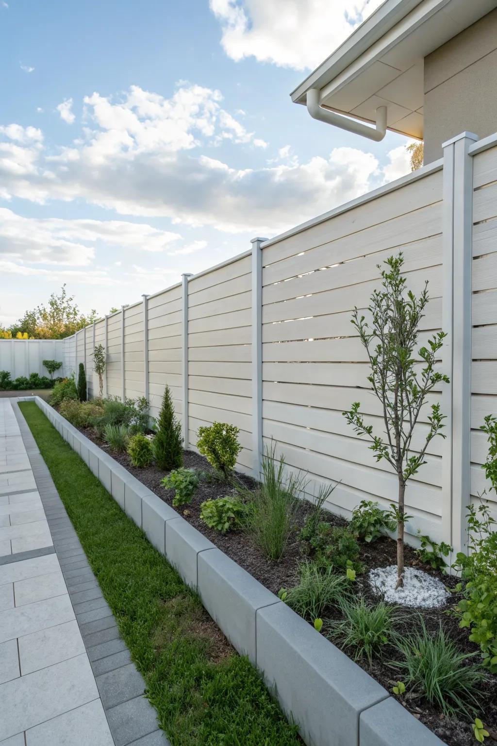 A sleek, modern horizontal vinyl fence complementing a minimalist design.
