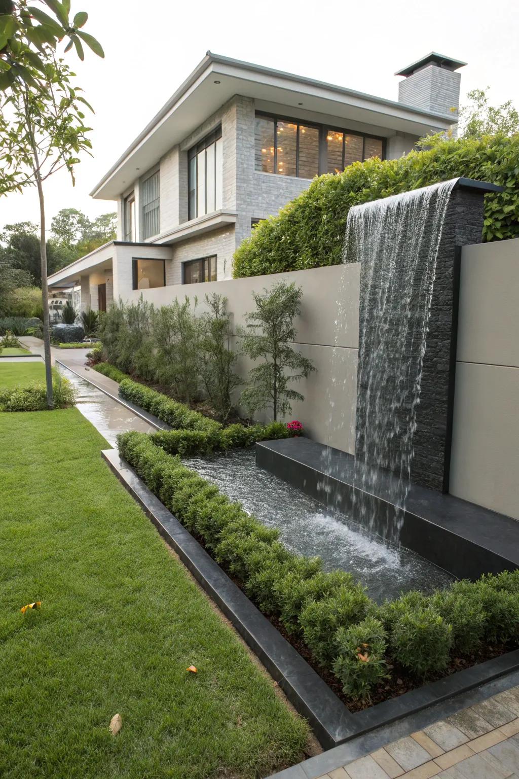 A water wall provides a modern and striking visual element.