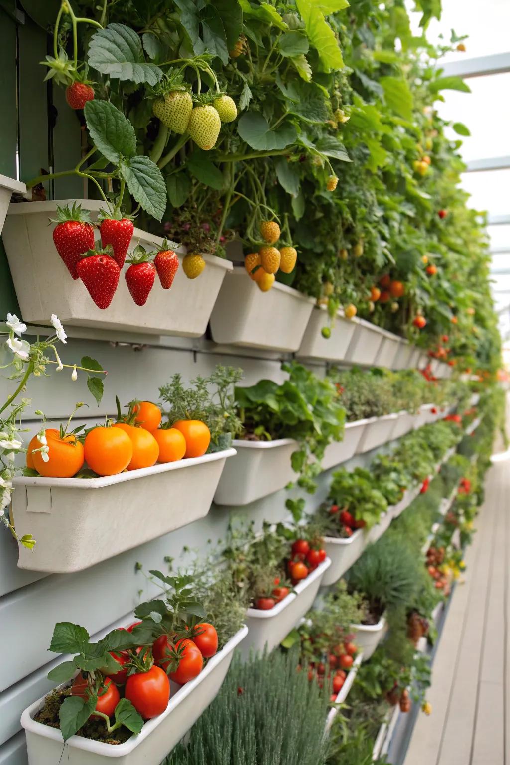 A vertical fruit wall showcasing a variety of fruit plants.