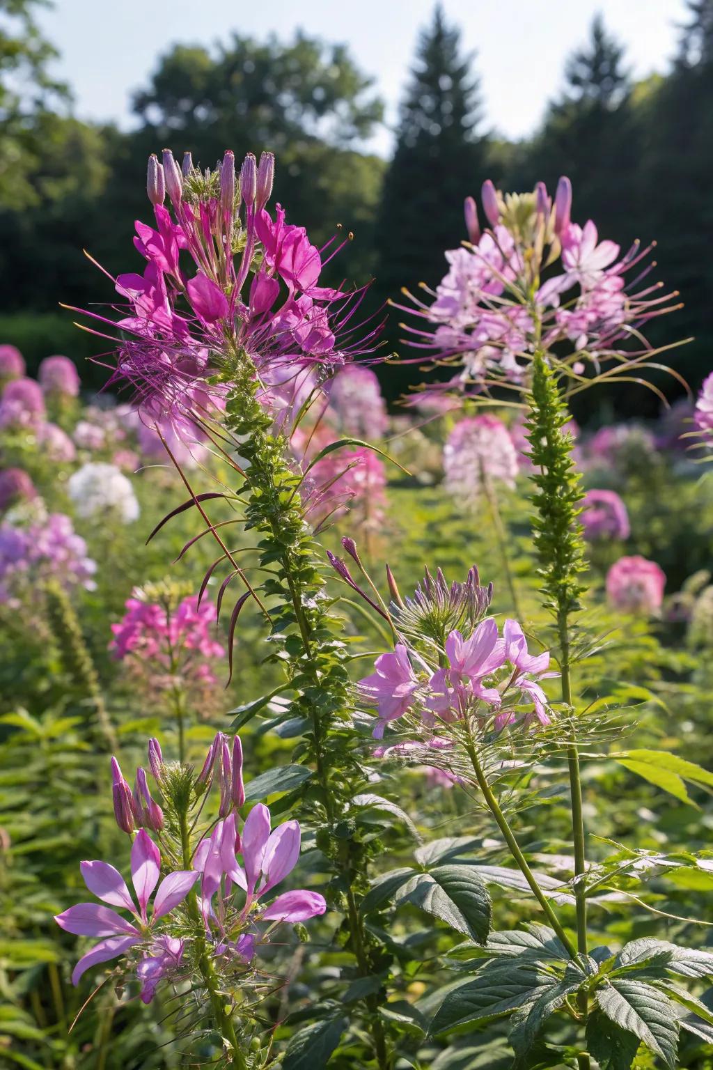 Cleome adds vibrant vertical interest to this sunny garden.