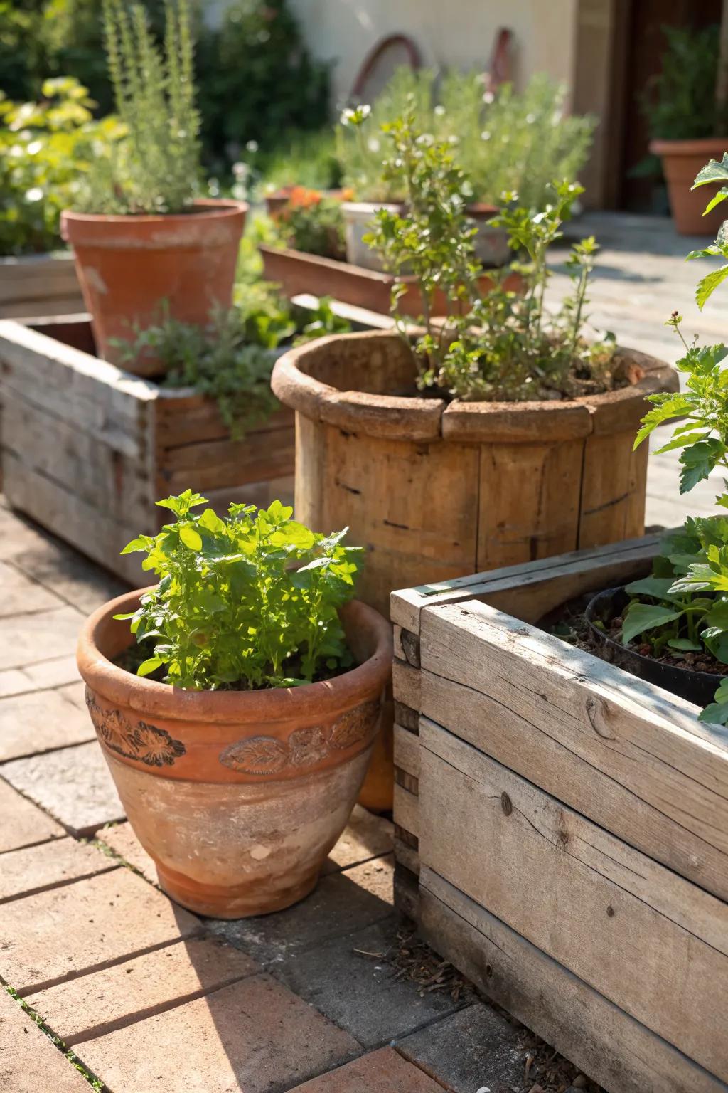 Rustic elements bring warmth to this sunny garden.