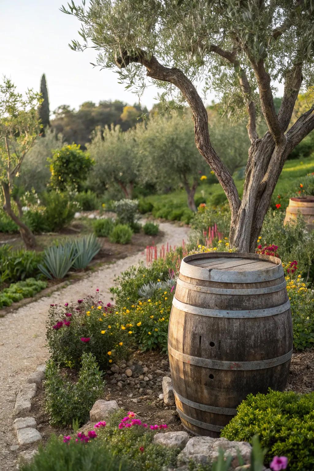 A Mediterranean-inspired whiskey barrel with an olive tree.
