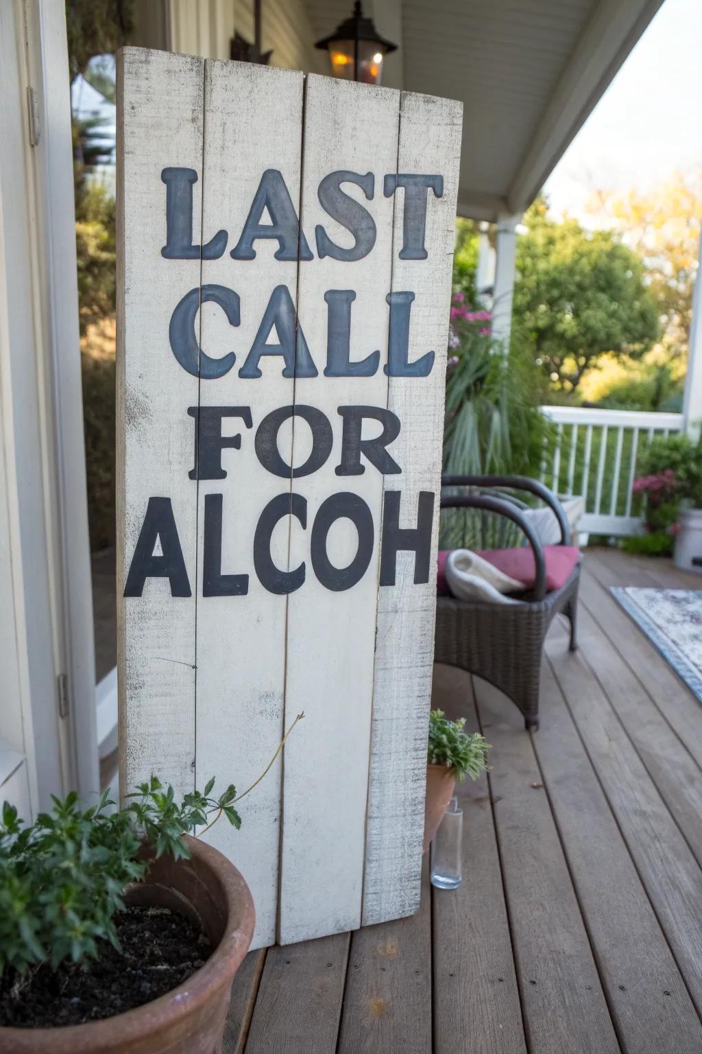 A humorous porch sign with a nod to closing time