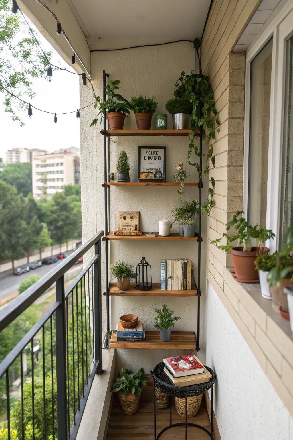 Wall-mounted shelving adds convenient display space on a small balcony.
