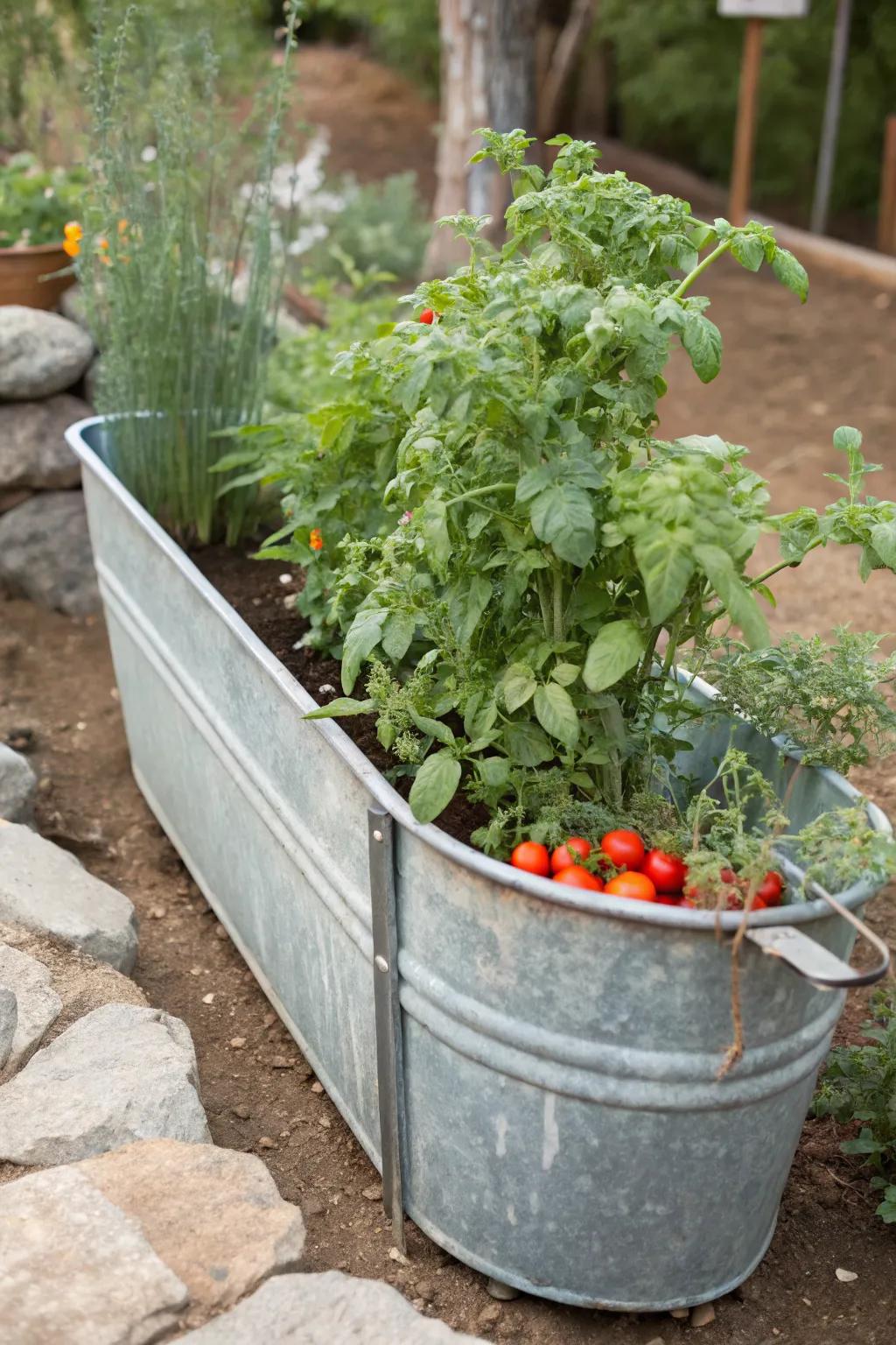 A successful companion planting setup in a galvanized trough, enhancing growth and flavor.